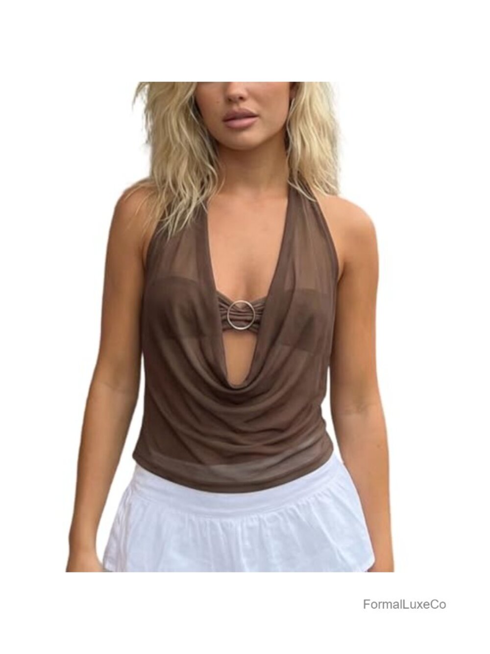 Y2K Mesh Halter Tank Top Sheer Cowl Neck Tie Back Clubwear